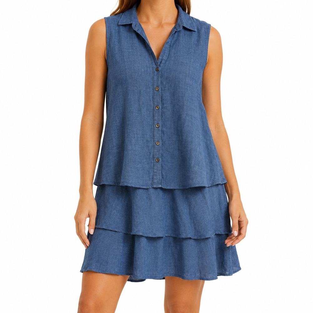 Finley Jasmine Linen Tiered Dress Womens Size L Ruffle Hem Travel Quiet Luxury